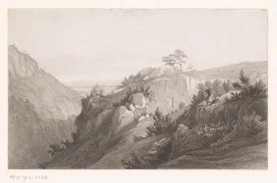 Berglandschap met een in de rotsen en gebeitelde figuur