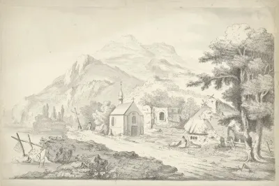 Berglandschap met een kapelletje aan een meer