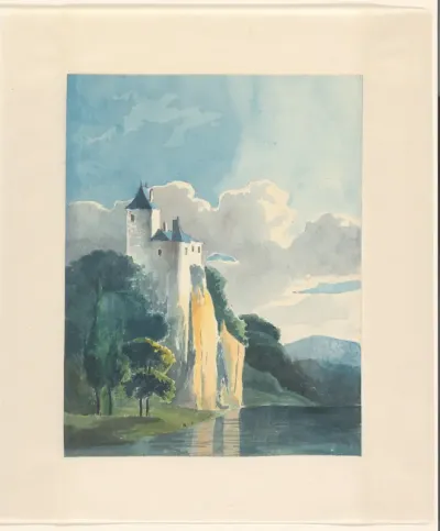 Berglandschap met een kasteel aan een meer