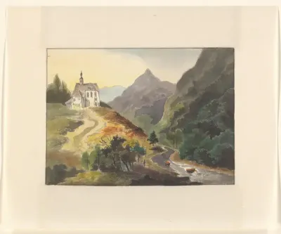 Berglandschap met een kerk bij een rivier