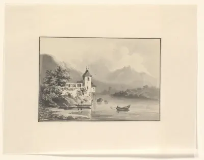 Berglandschap met een ruïne aan het water