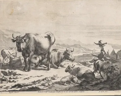 Berglandschap met een rustende herder bij zijn vee