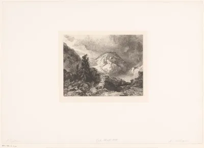 Berglandschap met een spar tussen rotsblokken