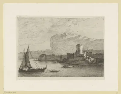 Berglandschap met een toren in een haven