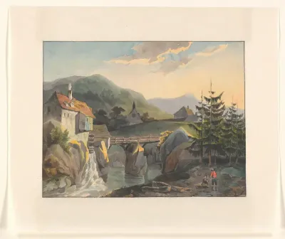 Berglandschap met een watermolen en brug over een rivier