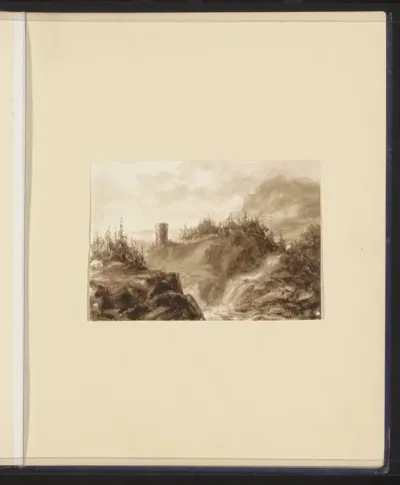 Berglandschap met een waterval en toren