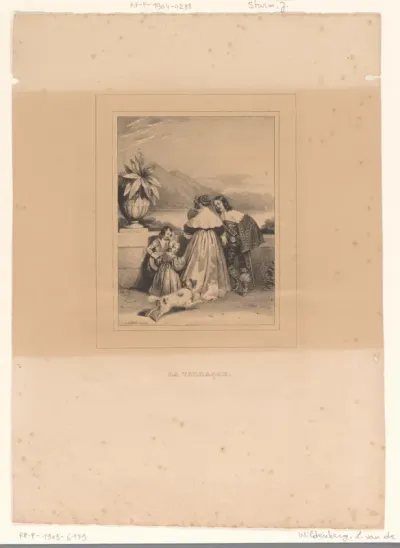 Berglandschap met familie bij een balustrade
