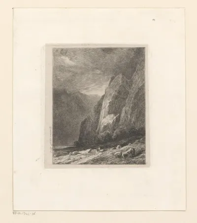 Berglandschap met figuren aan een meer
