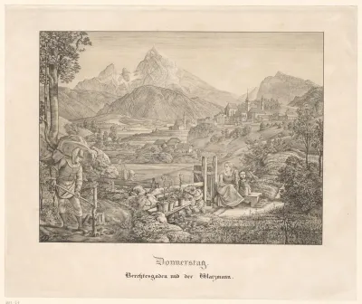 Berglandschap met figuren aan het werk