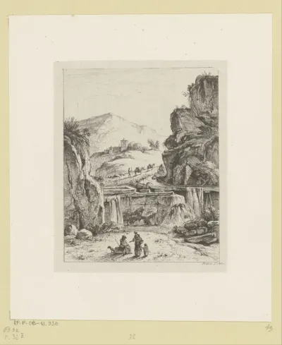 Berglandschap met figuren bij een steen en een man met twee ezels op een pad