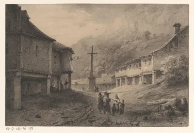 Berglandschap met figuren en koeien
