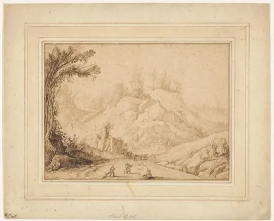 Berglandschap met figuren op een weg bij een herberg
