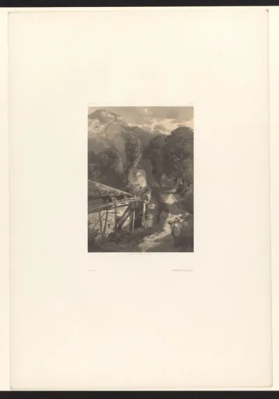 Berglandschap met figuur op een pad langs huizen