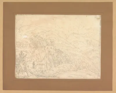 Berglandschap met gebouw, met op de voorgrond een passant