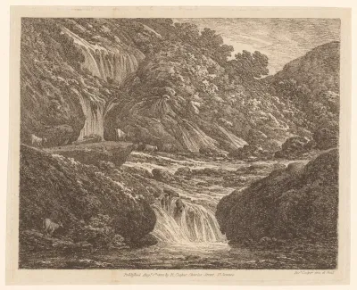 Berglandschap met geiten en waterval