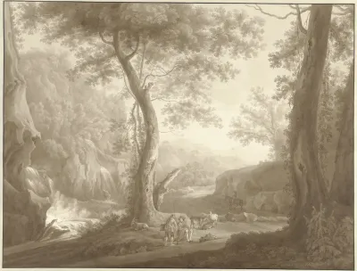 Berglandschap met geitenhoeder en reiziger