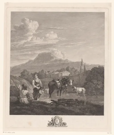 Berglandschap met herders bij een waterplaats