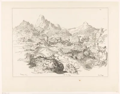 Berglandschap met herders en op de achtergrond een dorp met een watermolen