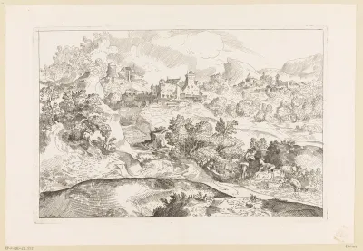 Berglandschap met herders en op de achtergrond twee dorpen