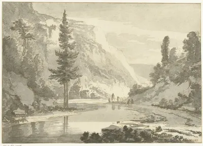 Berglandschap met herders op een rivieroever