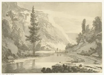 Berglandschap met herders op een rivieroever