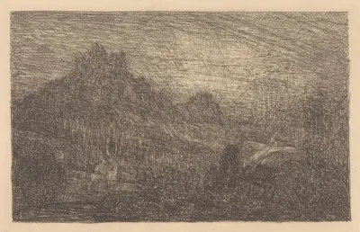 Berglandschap met herten en vogel