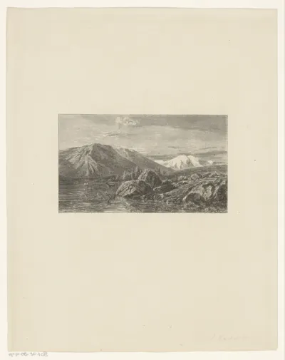 Berglandschap met herten in het water