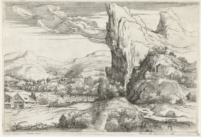Berglandschap met hoge kliffen en een huisje