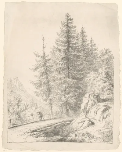 Berglandschap met houthakker op een brug