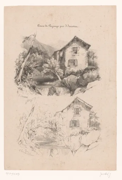 Berglandschap met huis en brug in twee tekenstappen
