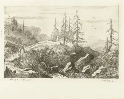 Berglandschap met huis tussen naaldbomen en figuren die brug passeren