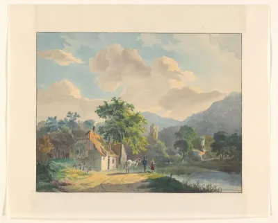 Berglandschap met huizen bij een rivier