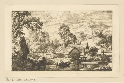 Berglandschap met hutten aan het water
