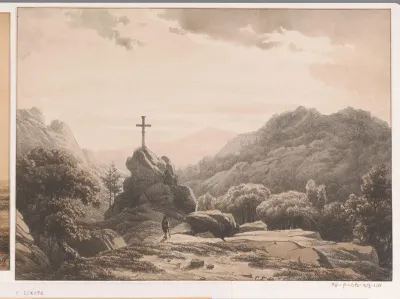 Berglandschap met kruis op een rots