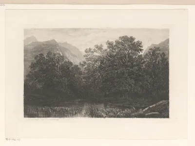 Berglandschap met loofbomen bij een waterplaats