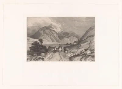 Berglandschap met man te paard en een vrouw met geiten