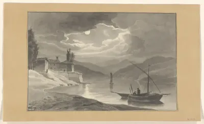 Berglandschap met meer bij nacht