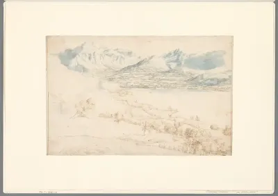 Berglandschap met meer in een dal, mogelijk het meer van Genève