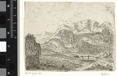 Berglandschap met meertje en brug