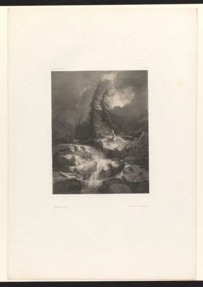 Berglandschap met naaldbomen, beek en regenwolken
