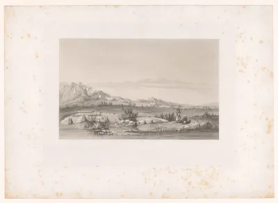 Berglandschap met op de voorgrond een pijprokende man aan het water