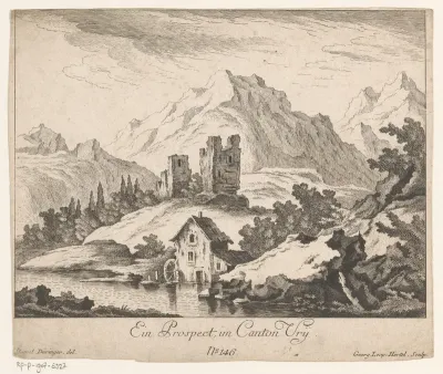 Berglandschap met op de voorgrond het dorp Vrij
