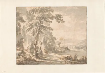 Berglandschap met reizigers bij een waterval