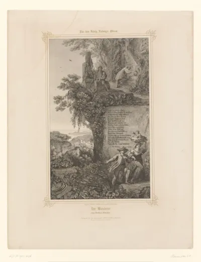 Berglandschap met reizigers en een gedicht van Goethe