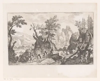 Berglandschap met reizigers, vrachtezels, marskramers en nonnen