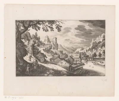 Berglandschap met rivier, dorp en kasteel