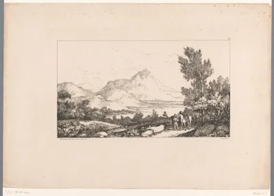 Berglandschap met rivier en soldaten