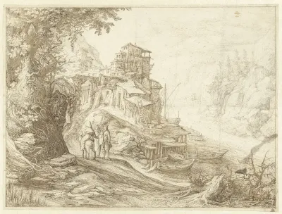 Berglandschap met rivier, huizen op een rots en figuren