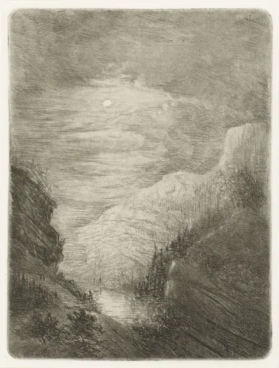 Berglandschap met rivier in maanlicht