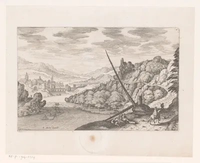 Berglandschap met rivierdal met een stad en twee dode bomen in de voorgrond